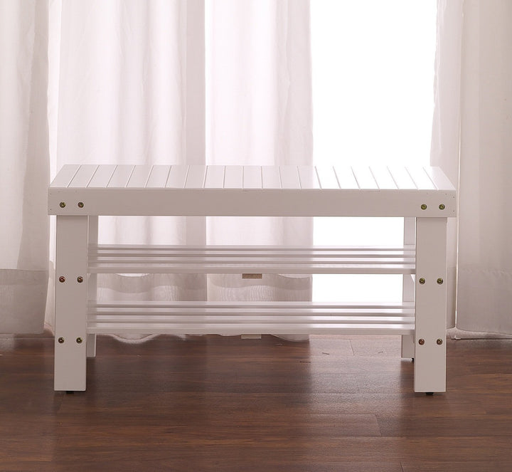 White Finish Solid Wood Storage Shoe Bench Shelf - Diamond Home USA