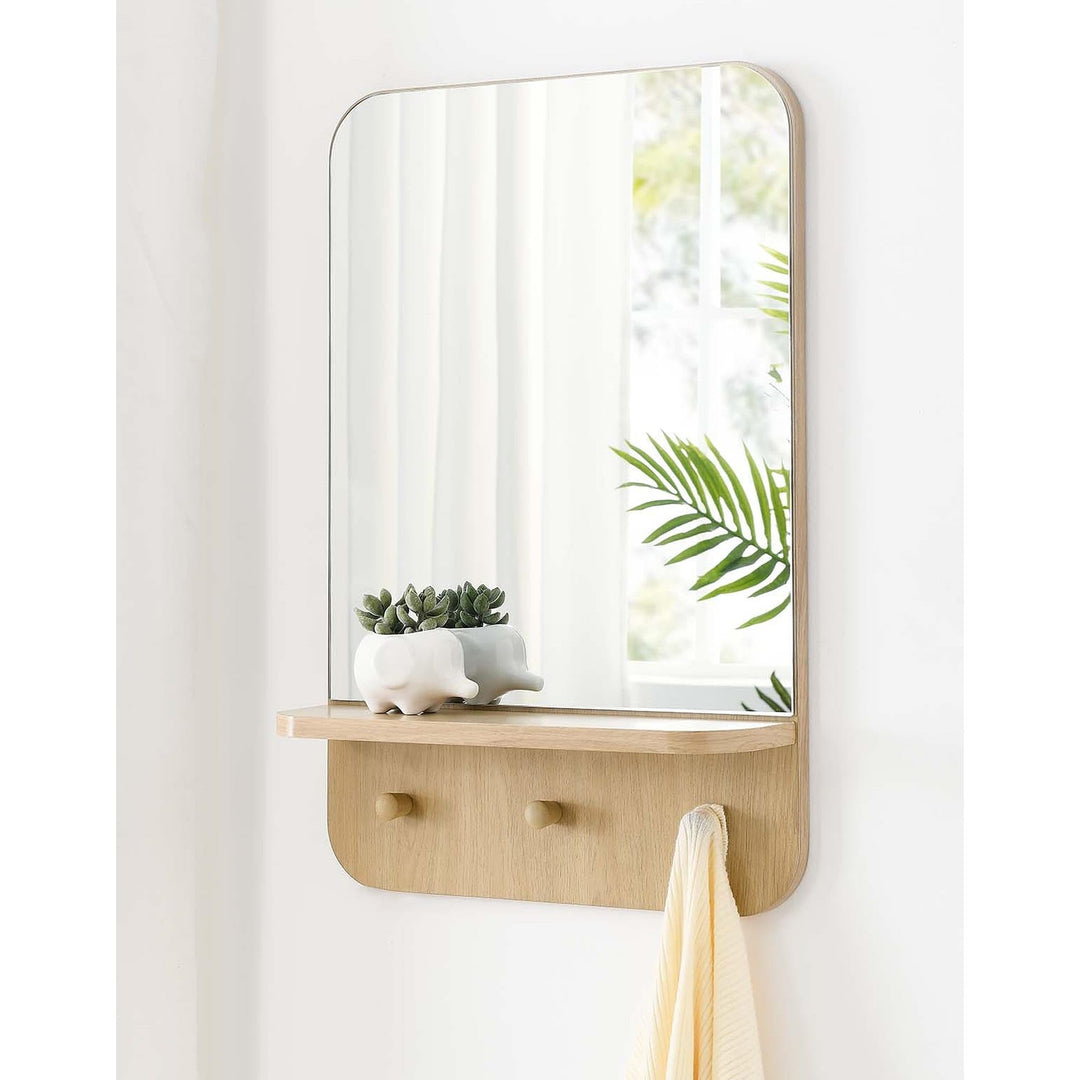 Hollow Modern Oak Wall Mirror with Shelf and Hooks Brown Contemporary