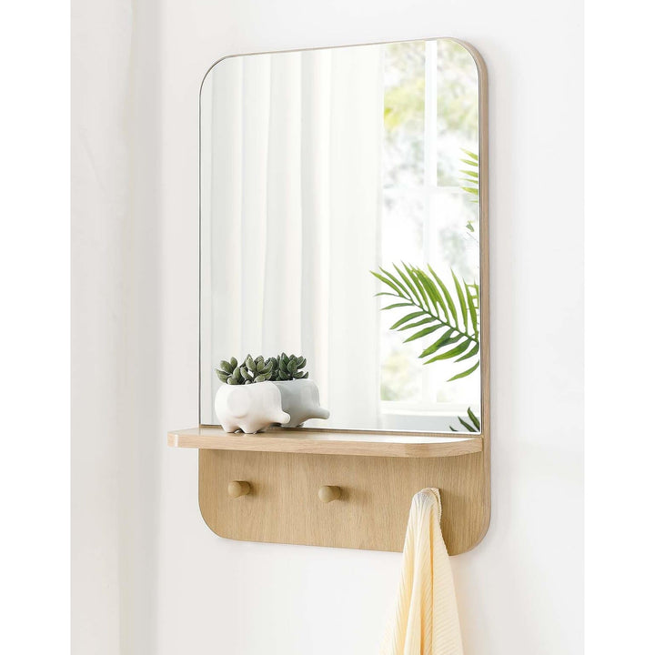 Hollow Modern Oak Wall Mirror with Shelf and Hooks Brown Contemporary