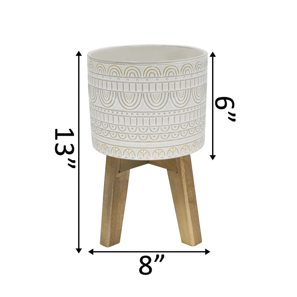 Ceramic Planter On Wood Stand Cream Classic Handmade - Diamond Home USA
