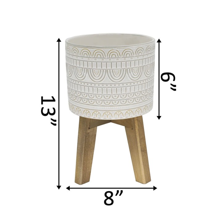 Ceramic Planter On Wood Stand Cream Classic Handmade - Diamond Home USA