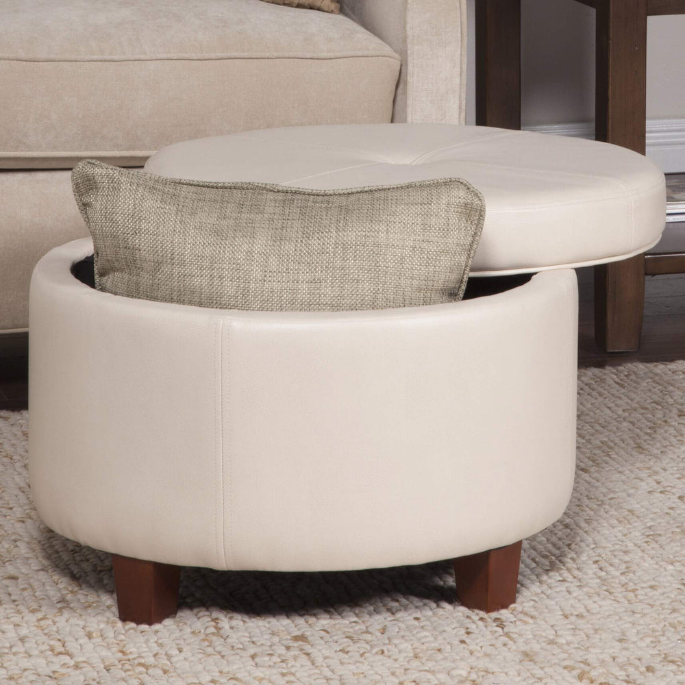 Large Ivory Faux Leather Round Storage Ottoman Cream Solid Transitional Foam - Diamond Home USA