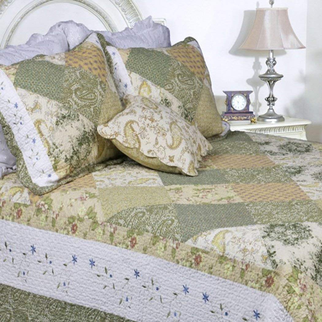 OSK 3 Piece Green Shabby Chic King Size Patchwork Quilt White Damask Country