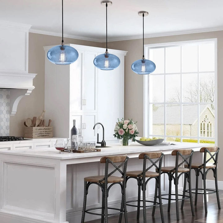 Farmhouse 1-Light Blue Bubble Glass Design Brushed Nickel Iron Dimmable - Diamond Home USA