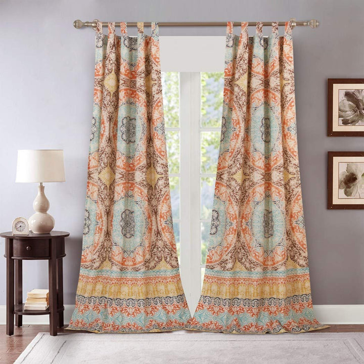 NL 2 Piece Turquoise Indigo Bohemian Window Curtain Set 84 Inch Brown