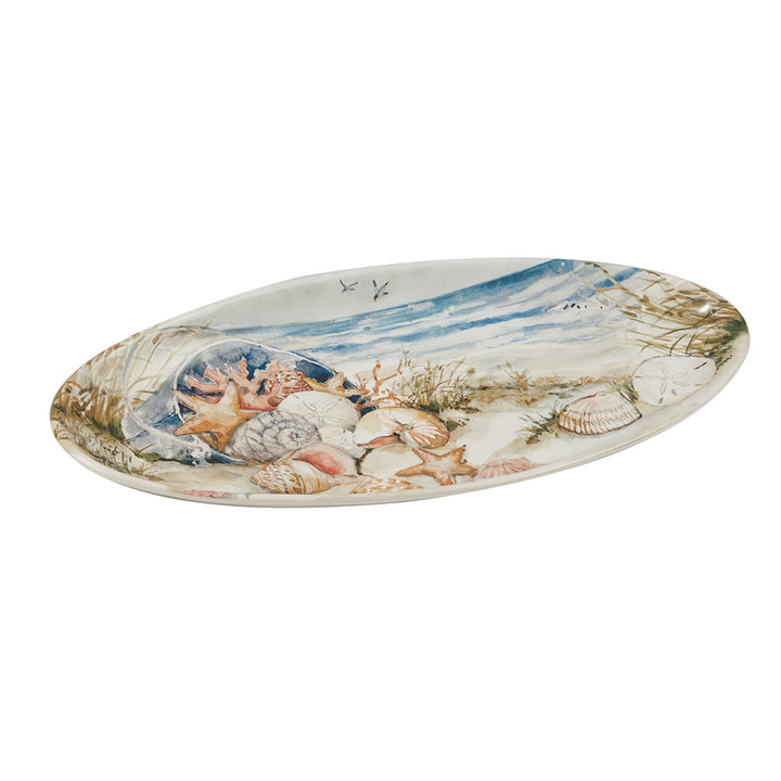 Coastal Landscape Fish Platter 19.5" X 8.75" Blue Brown Casual Oval Ceramic 1 - Diamond Home USA