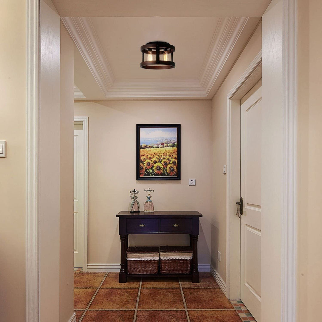 Farmhouse 13.4-in. Wood Caged Square Flush Mount Ceiling Light 13.8*13.8*9h - Diamond Home USA