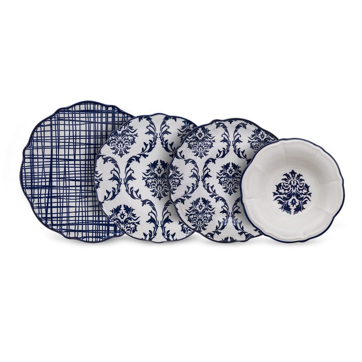 Blue Damask Porcelain Dinnerware Set Of 24 For 6 Textured Oriental Round Piece - Diamond Home USA