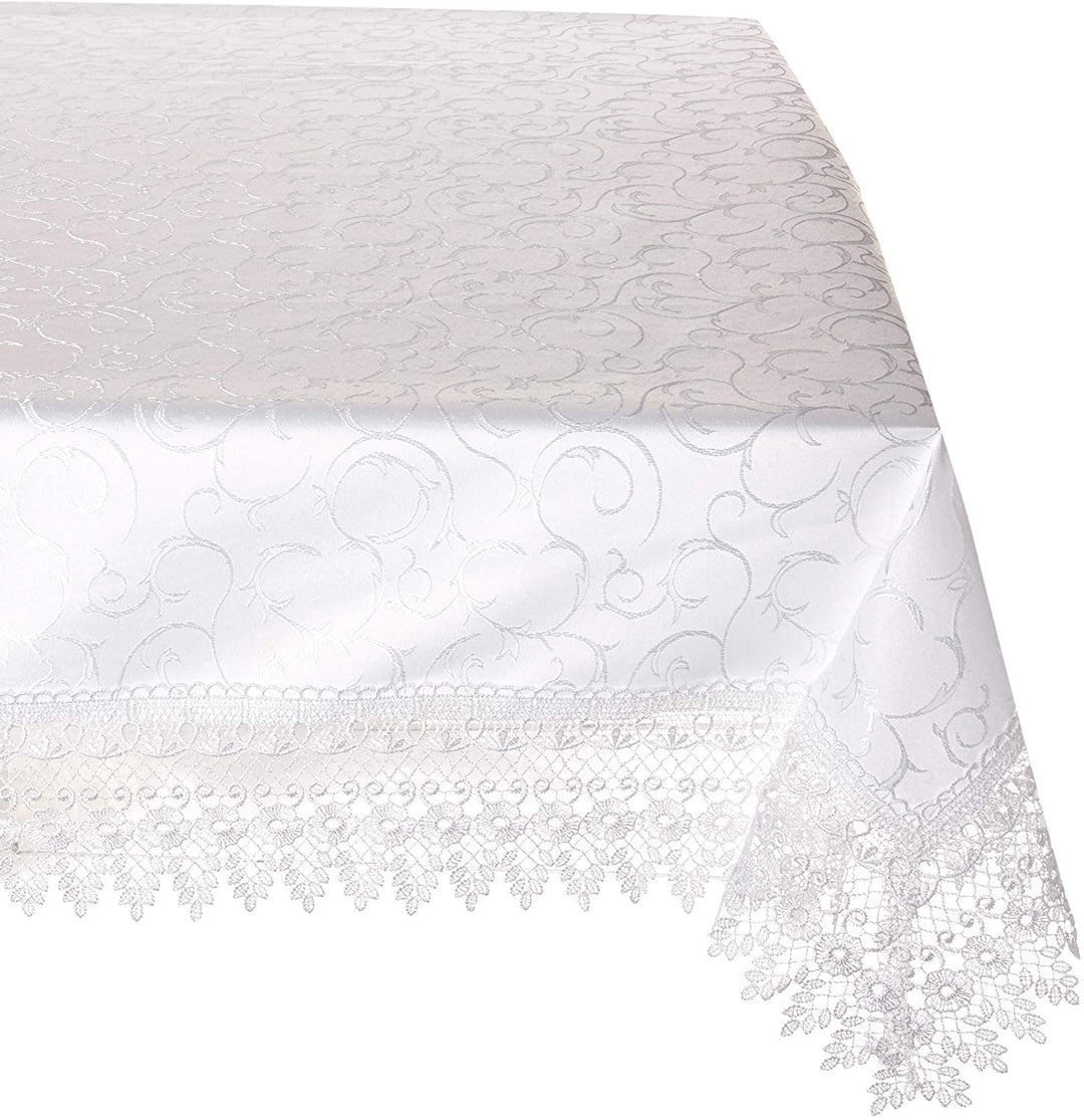 Violet Linen Flower Bow Vintage Lace Pattern Polyester Damask Jacquard 70" X 140" - White - Diamond Home USA