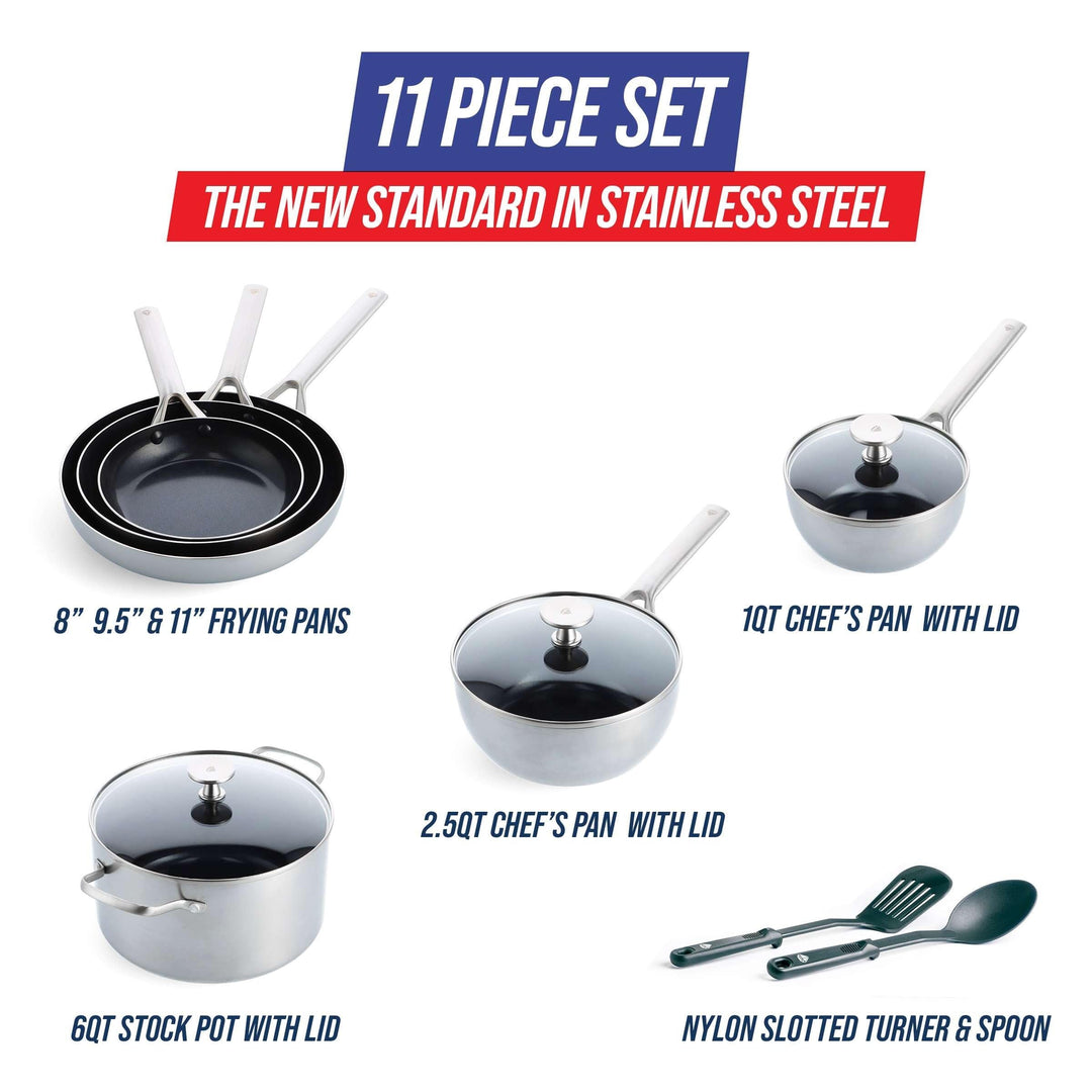Blue Diamond Tri-ply Stainless Steel Healthy Ceramic Nonstick 11pc Cookware - Diamond Home USA