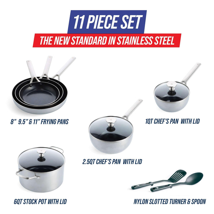 Blue Diamond Tri-ply Stainless Steel Healthy Ceramic Nonstick 11pc Cookware - Diamond Home USA