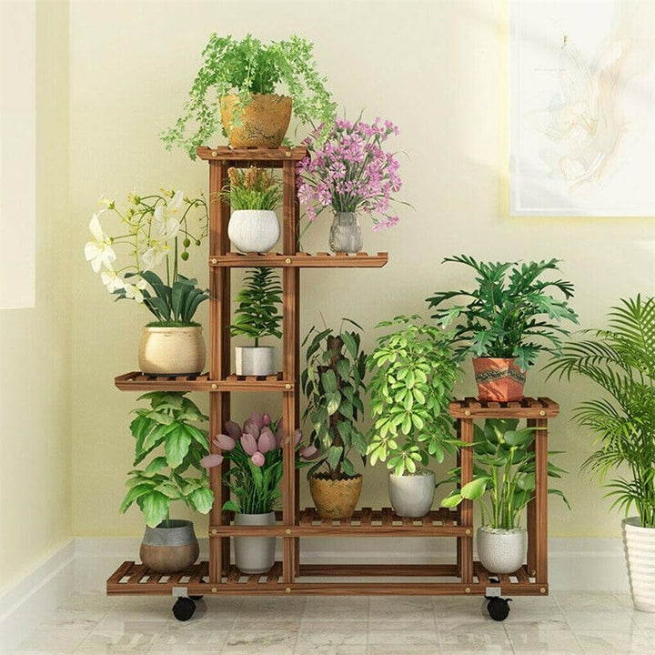 6 Tiered Wooden Plant Stand with Wheels Flowers Shelf Rolling Storage Rack Brown