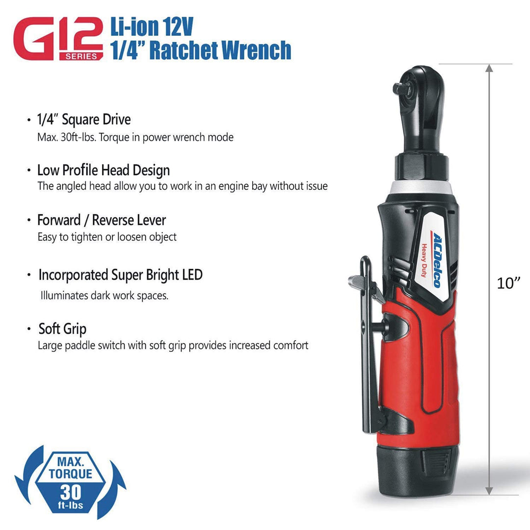 ACDelco AR1207P G12 Series 12V Cordless Li-ion 1/4” 30 ft-lbs. Torque Ratchet - Diamond Home USA