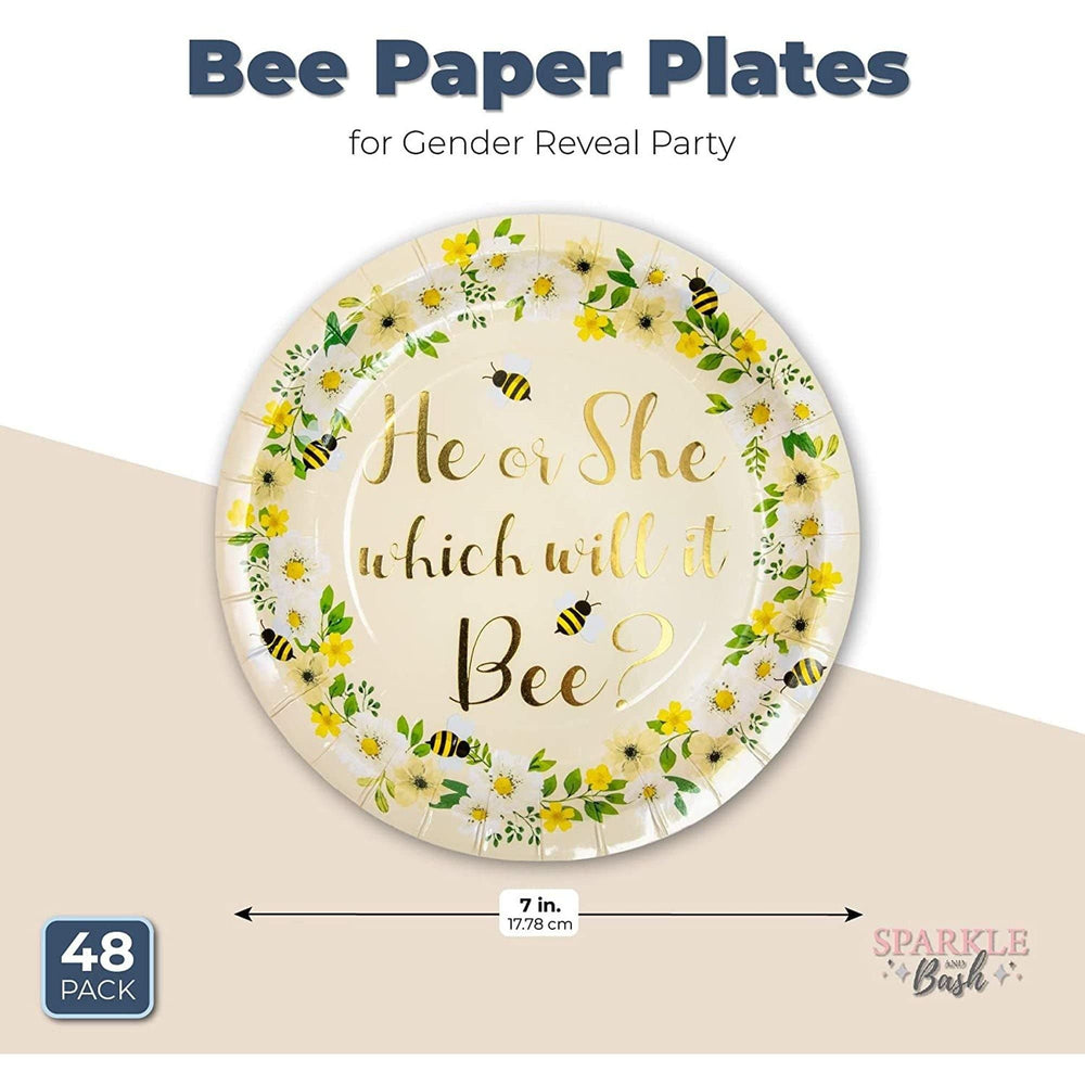 Bee Paper Plates For Gender Reveal Party (7 In 48 Pack) White Floral Country - Diamond Home USA