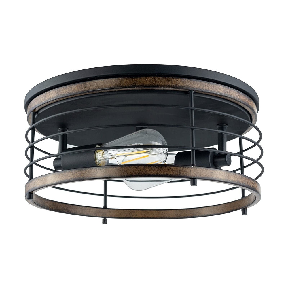 2 Light 13" Caged Drum Flush Mount 13"x5.85" Black Farmhouse Metal Dimmable - Diamond Home USA