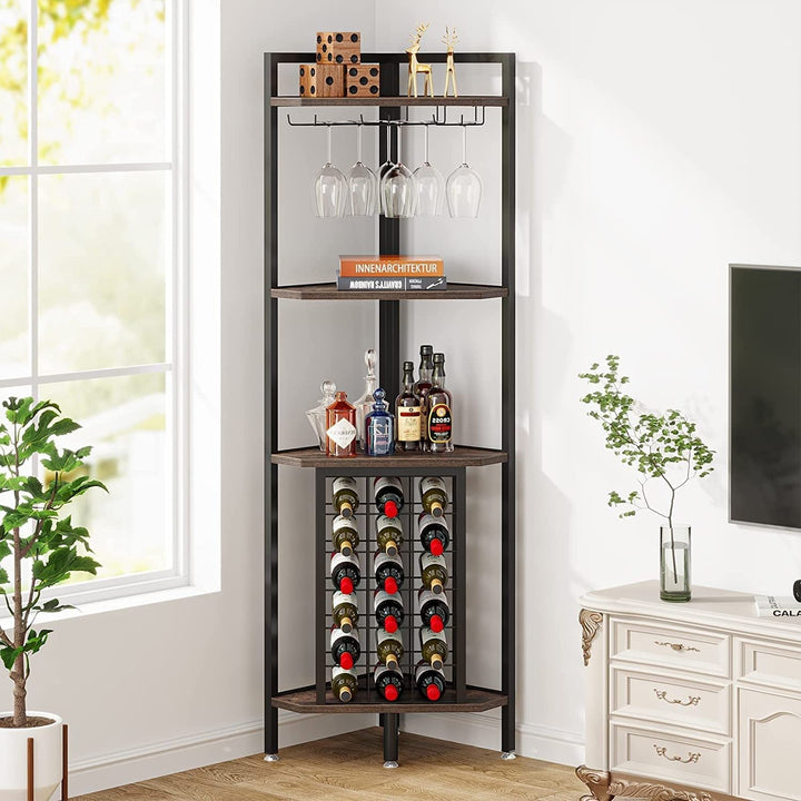 4 Tier Corner Wine Rack with Glass Holder and Bar Shelf Storage Brown Industrial Retro Brown