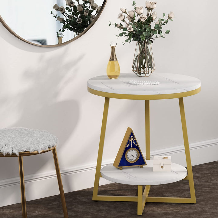 Modern Gold End Table Round Marble Side Nightstand Bedside Small offee Accent - Diamond Home USA