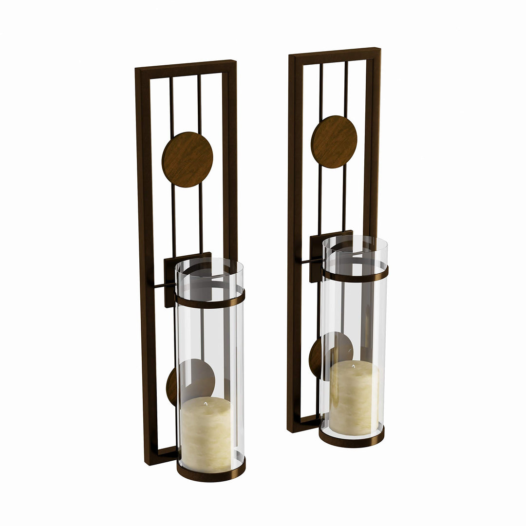 COLIBYOU 2 Piece Brown Tan Candle Holders Metal Sconce Set Modern Contemporary - Diamond Home USA