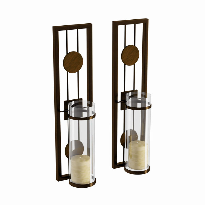 COLIBYOU 2 Piece Brown Tan Candle Holders Metal Sconce Set Modern Contemporary - Diamond Home USA
