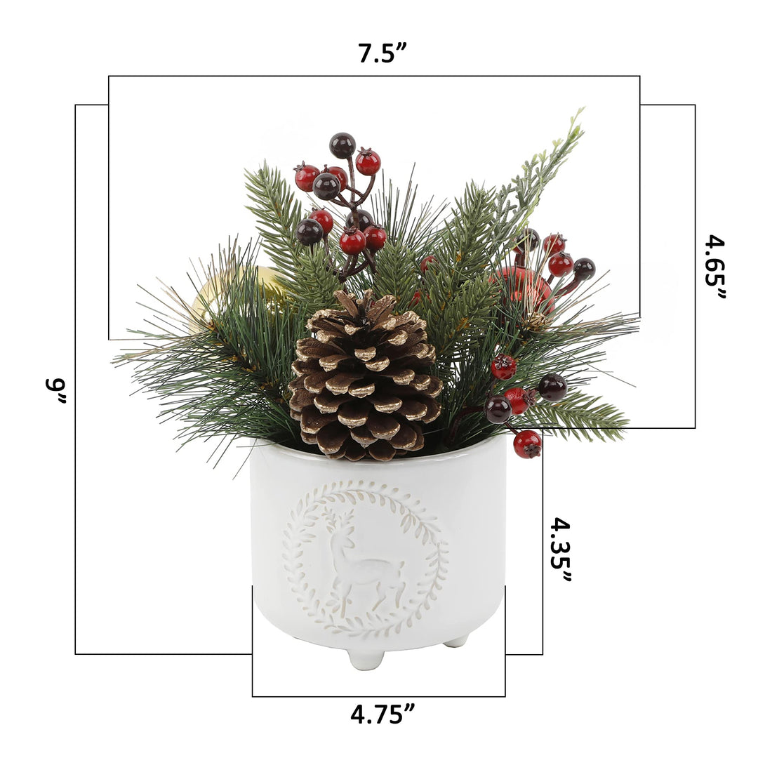 Flora Bunda Xmas Mix in Deer Wreath Ceramic Footed Pot 4.75X4.75X4.25 - Diamond Home USA