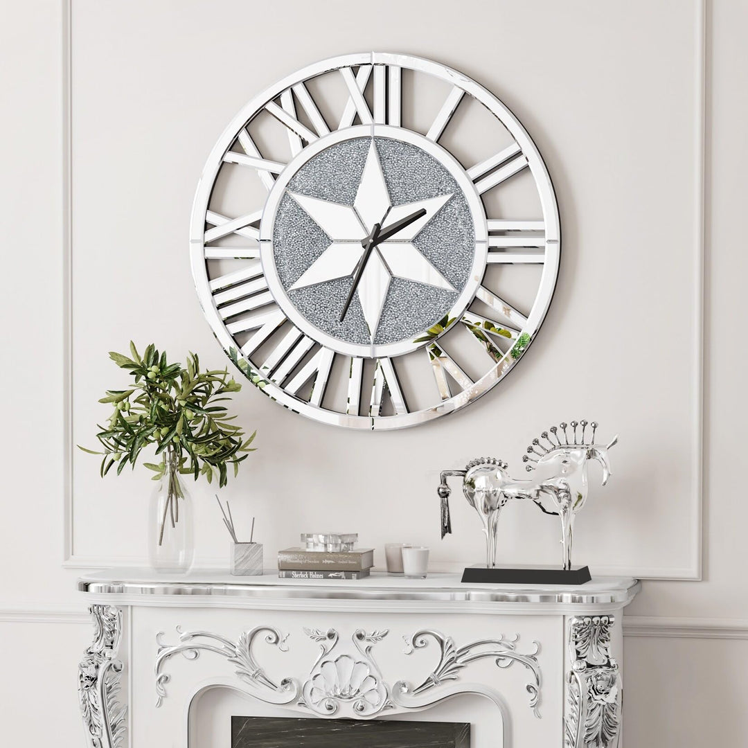 Round Glass Roman Numeral Wall Clock 24" Silver Modern Contemporary Beveled - Diamond Home USA