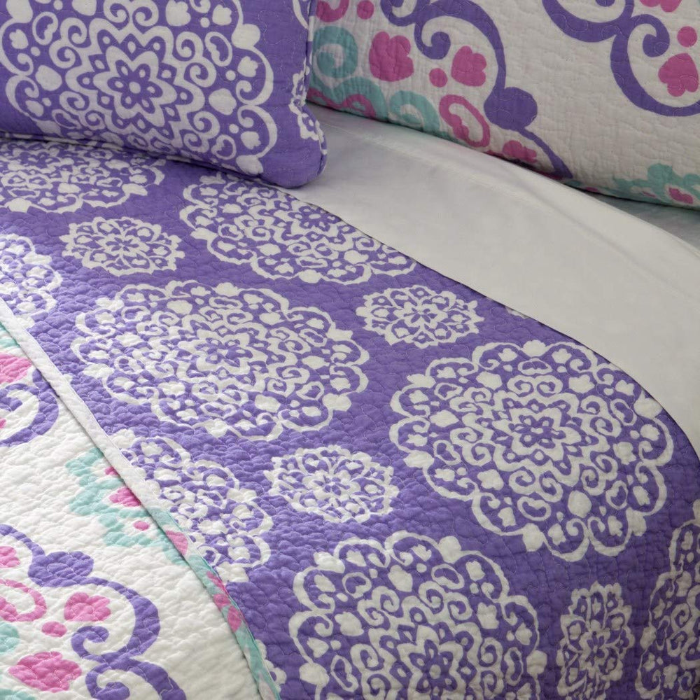 3 Piece Girls Medallion Quilt Twin Set Cute All Over Flowers Mandala Motif - Diamond Home USA