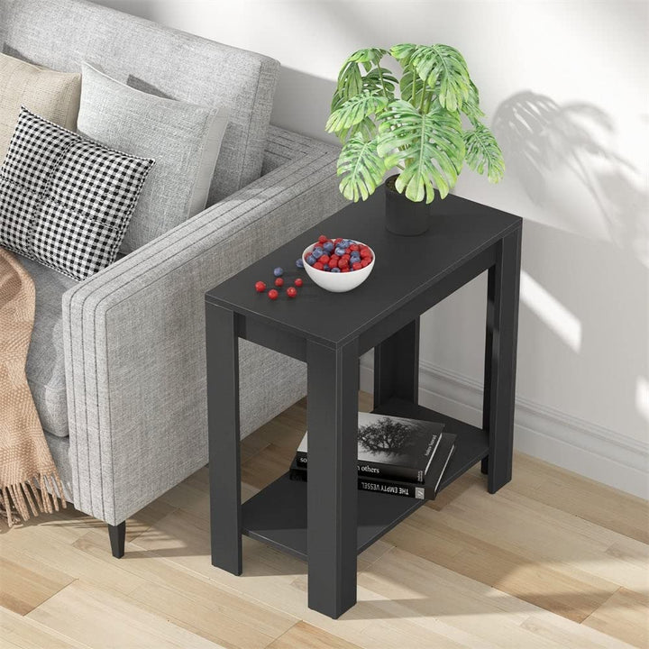 Narrow End Table with Shelf Black Modern Contemporary Rectangular MDF Glossy