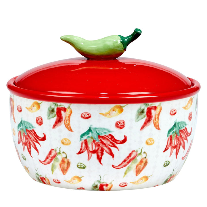 Sweet Spicy Bean Pot 76 Oz. Multi Color Red White Ceramic Dishwasher Safe