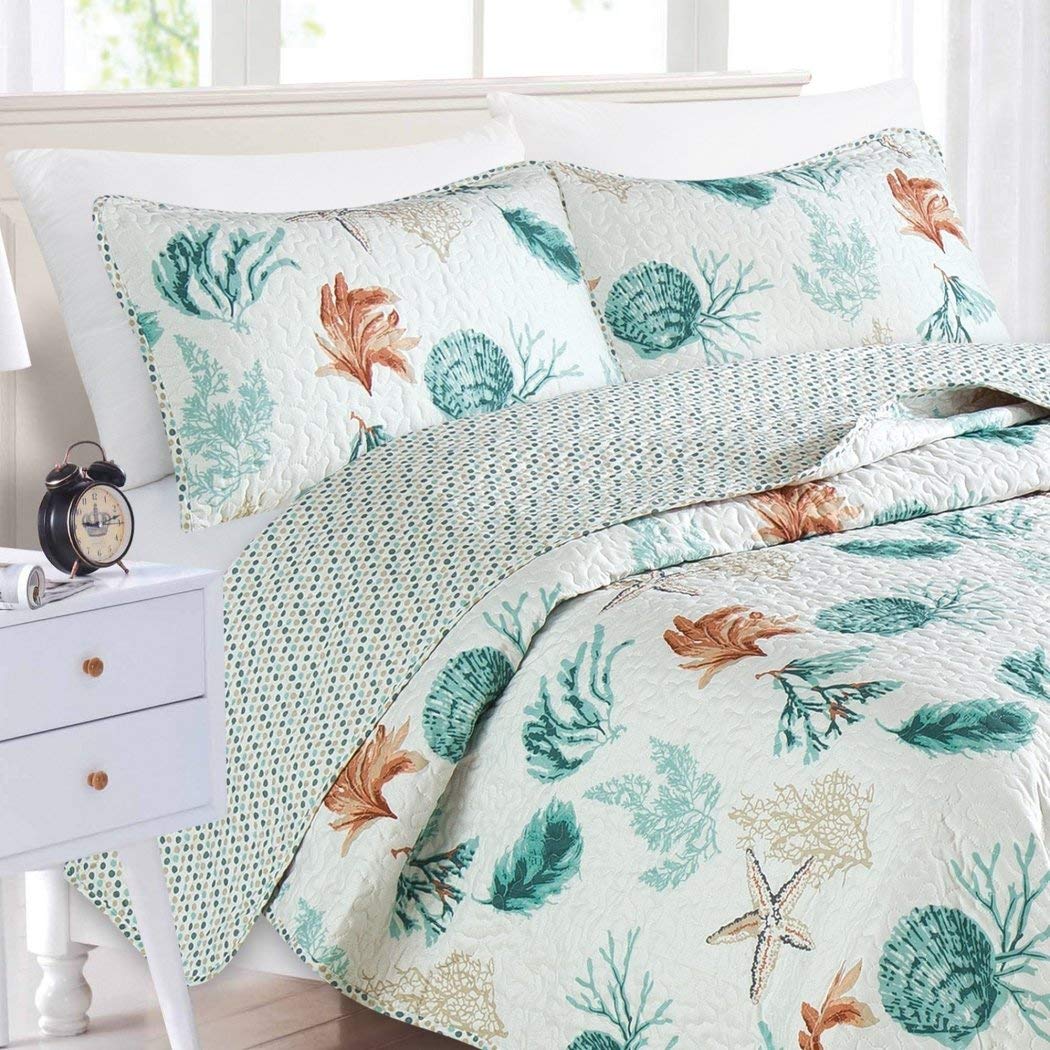 3 Piece Green White Beach Theme Quilt Full Queen Set Sea Shell Inspired - Diamond Home USA
