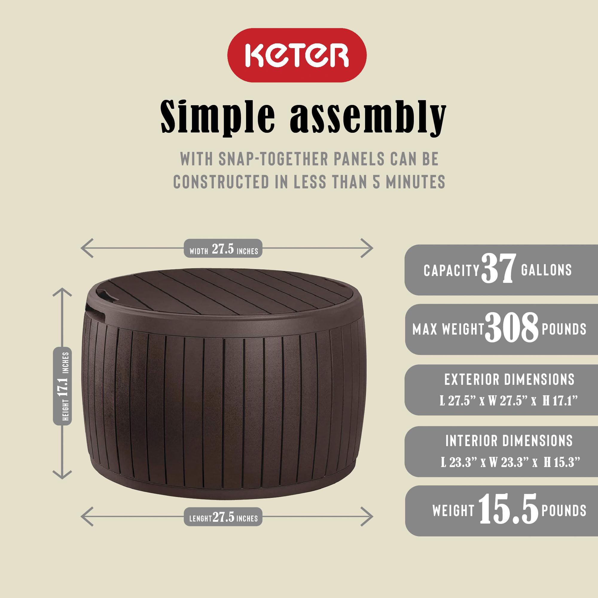 Keter Circa 3-in-1 Outdoor Resin Ottoman Deck Storage Box - Thumbnail 4