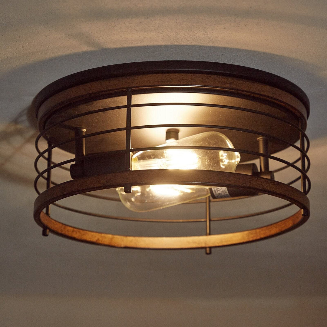 2 Light 13" Caged Drum Flush Mount 13"x5.85" Black Farmhouse Metal Dimmable