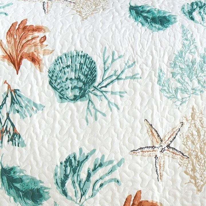 3 Piece Green White Beach Theme Quilt Full Queen Set Sea Shell Inspired - Diamond Home USA