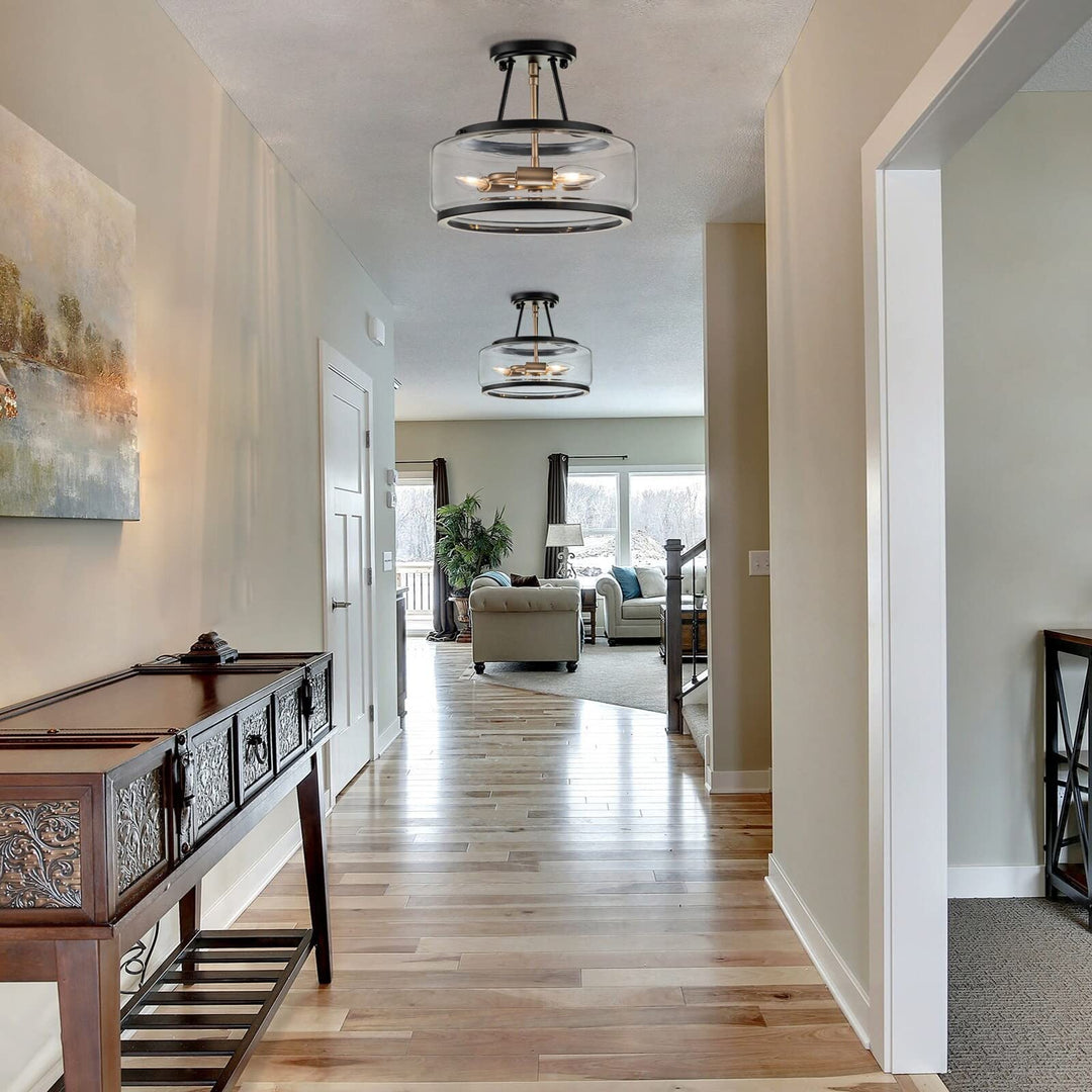 3 Light Industrial-style Black Lantern Glass Semi Flush Mount Farmhouse - Diamond Home USA