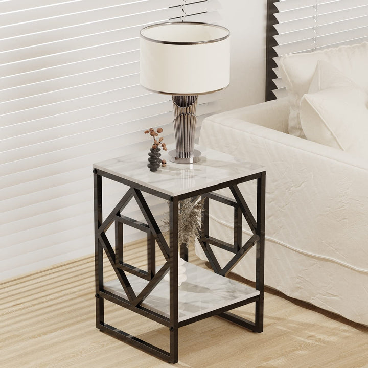 Square 15.7-inch Marble Top with Metal Frame Side Table Black Modern