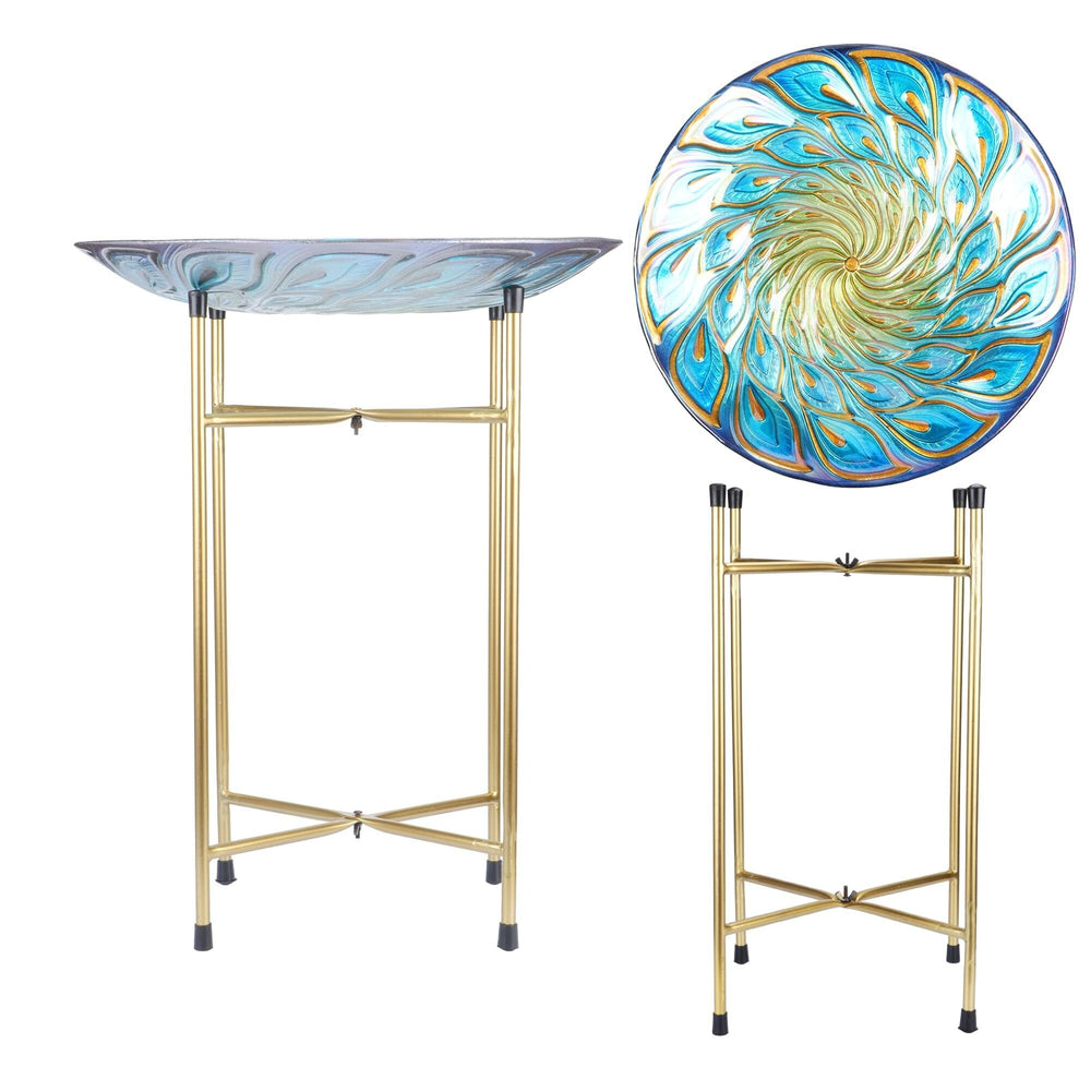 Blue Peacock Feather Glass Garden Birdbath Gold - Diamond Home USA