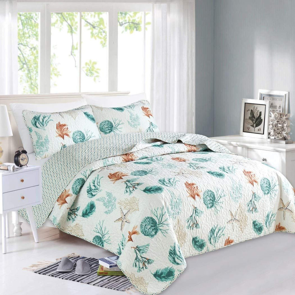 3 Piece Green White Beach Theme Quilt Full Queen Set Sea Shell Inspired - Diamond Home USA