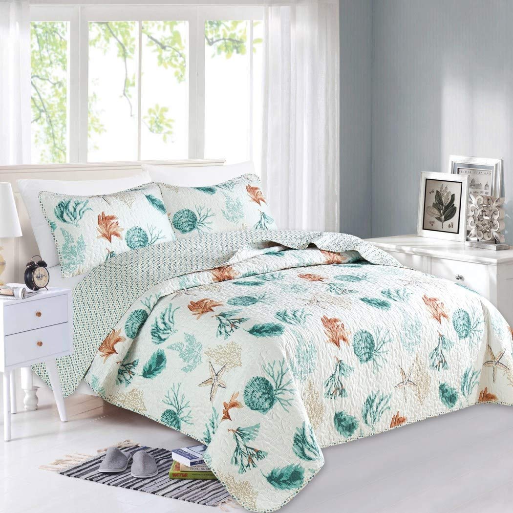 3 Piece Green White Beach Theme Quilt Full Queen Set Sea Shell Inspired - Diamond Home USA