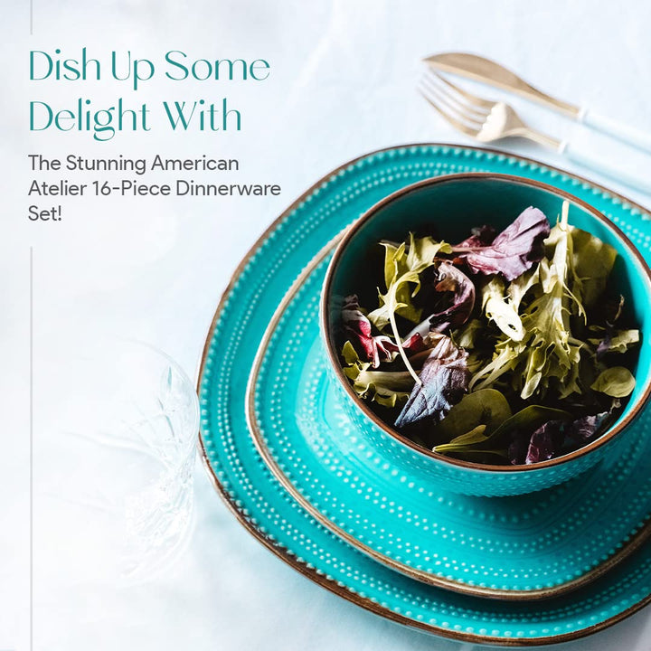 American Atelier 16-Piece Teal Stoneware Dinnerware Set - Includes Dinner Plates - Diamond Home USA