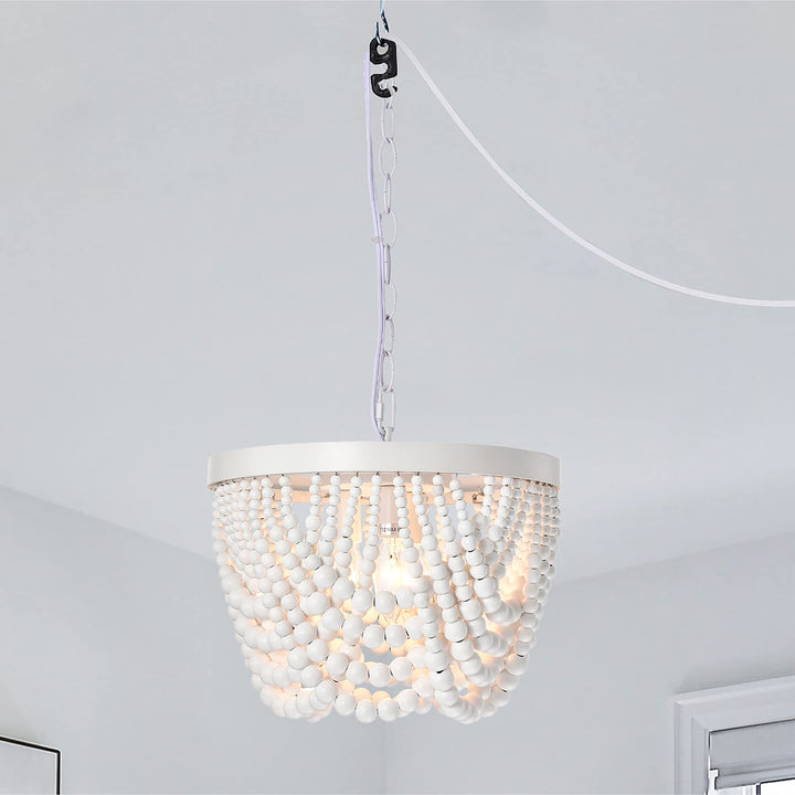 Boho Plug in Wood Beaded Chandelier 3-Light Bead Light White Bohemian Eclectic