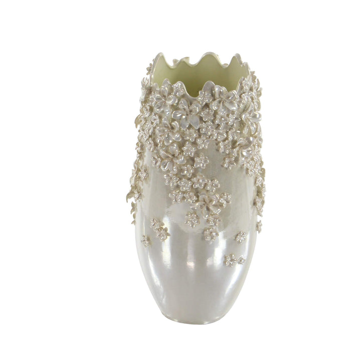 White Ceramic 19-inch High X 10-inch Wide 3D Applique Vase - Diamond Home USA