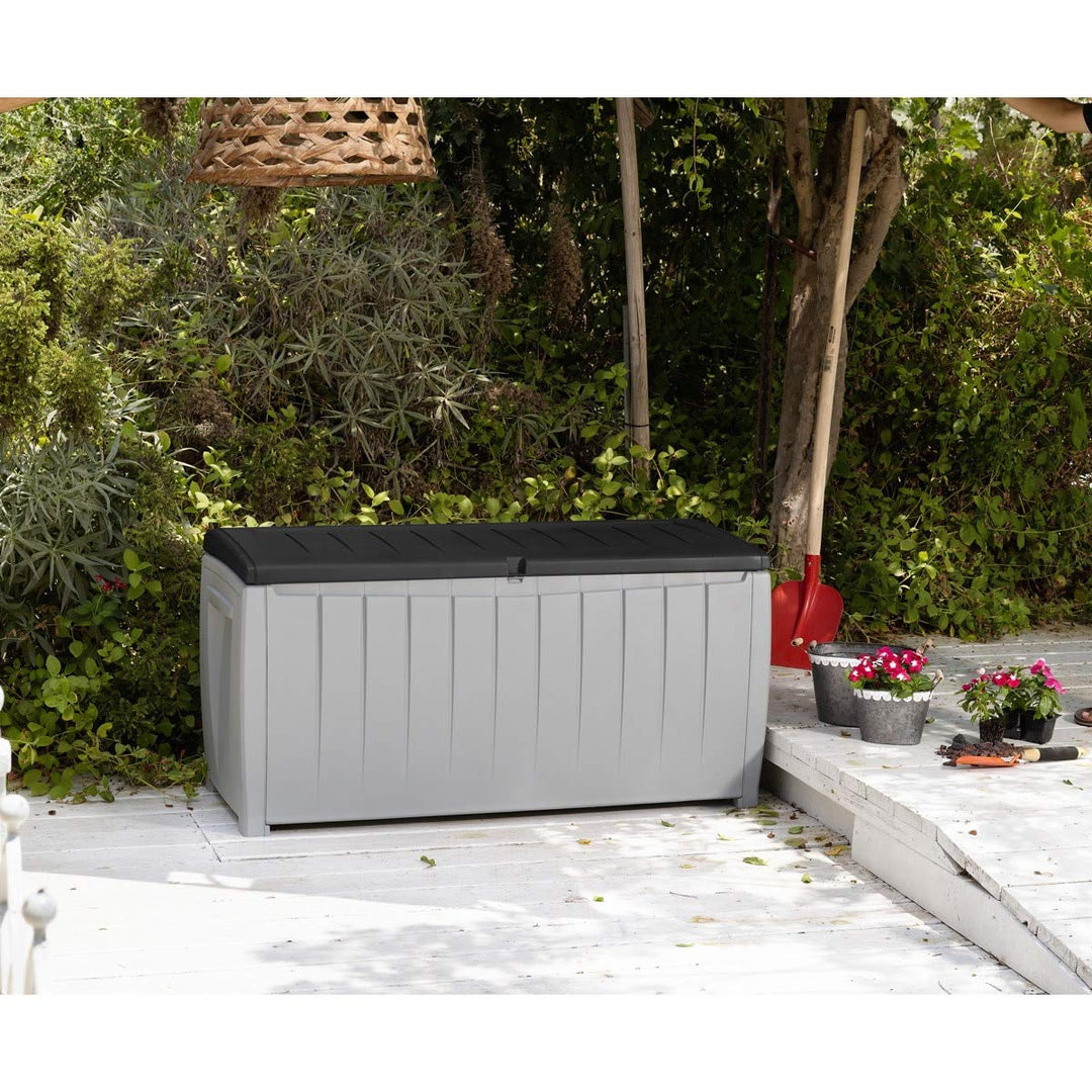Novel 90 Gallon Black And Grey Plastic Deck Storage Box Lockable Water Resistant - Diamond Home USA