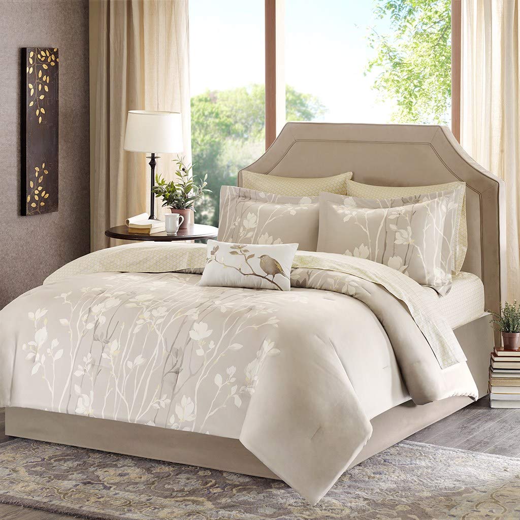 9 Piece Beige Cream Flower Comforter Queen Set Floral Theme Bedding Boho Chic - Diamond Home USA