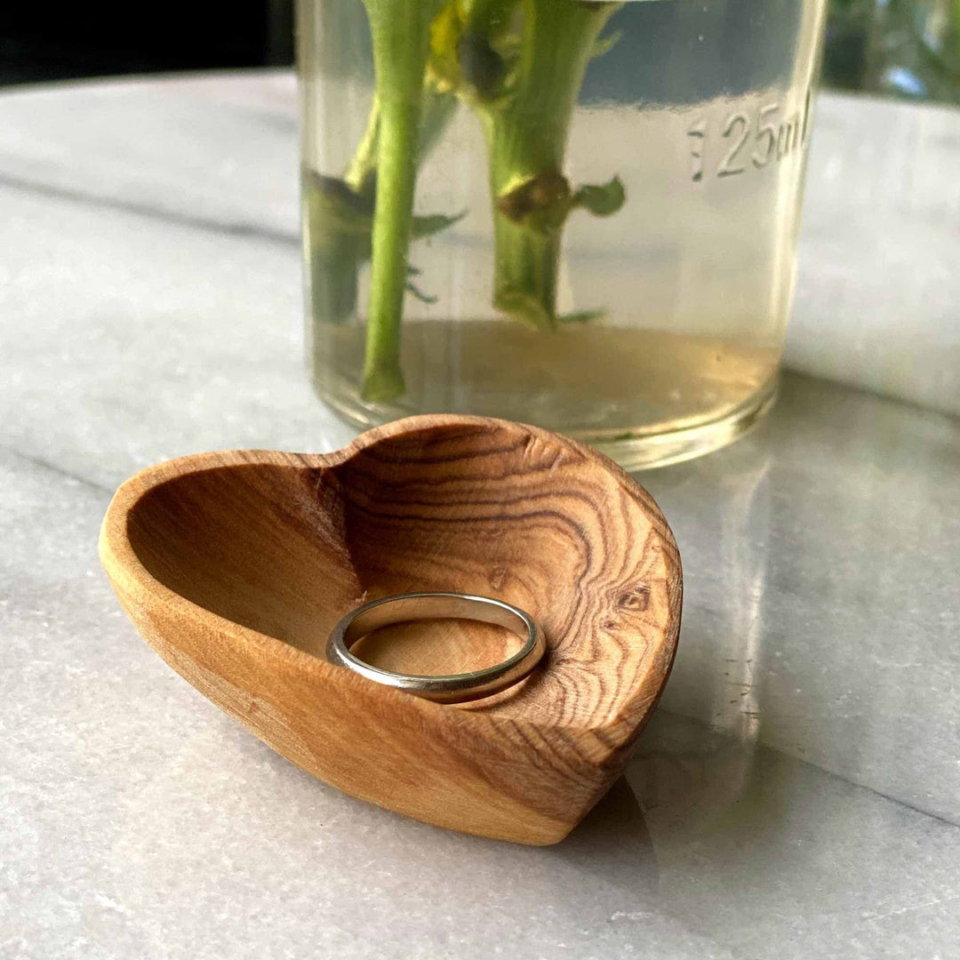 Olive Wood Heart Trinket Bowls Set Of 2 Brown Piece Handmade - Diamond Home USA