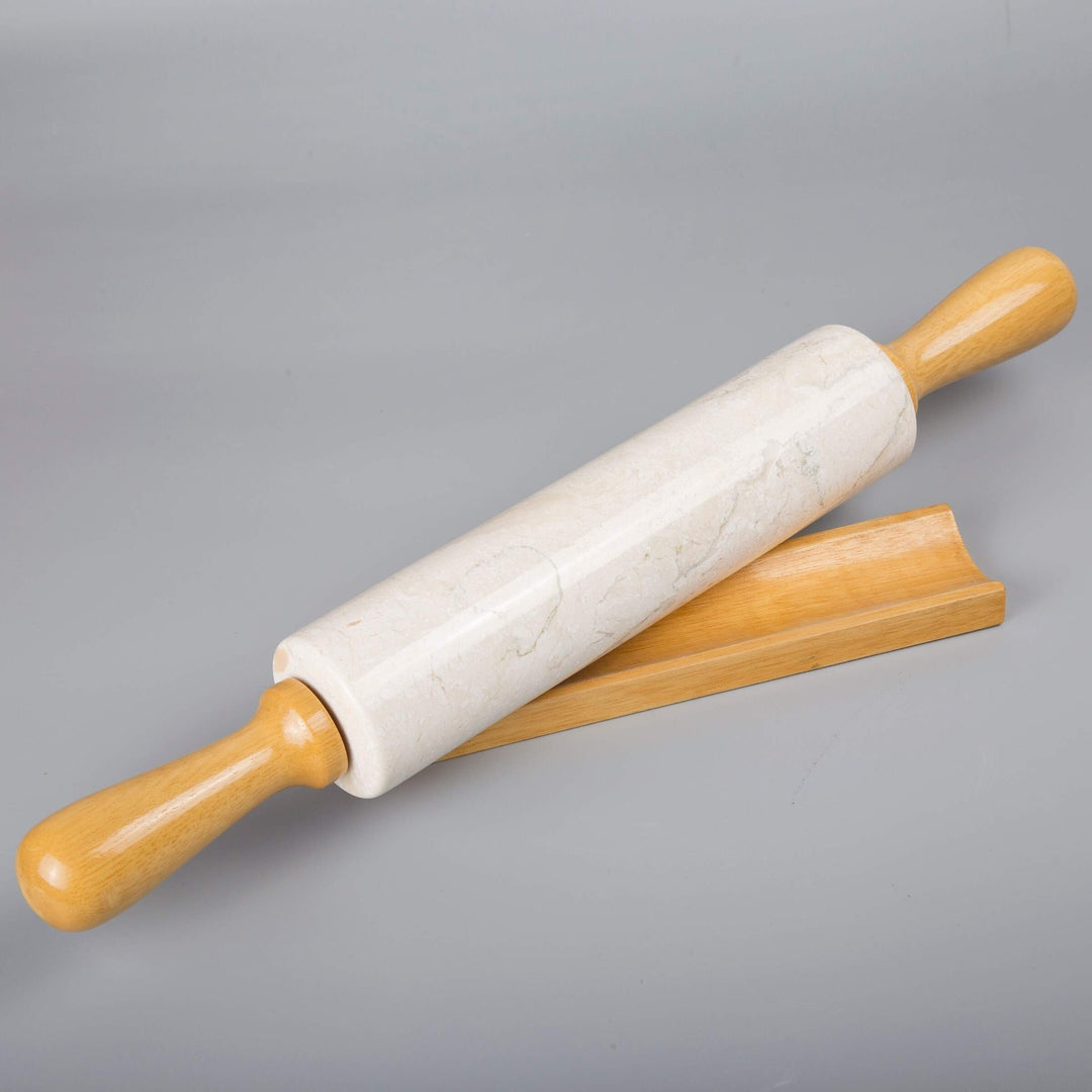 Deluxe Natural Champagne Marble Rolling Pin With Wooden Cradle 18ââ‚¬l Beige - Diamond Home USA