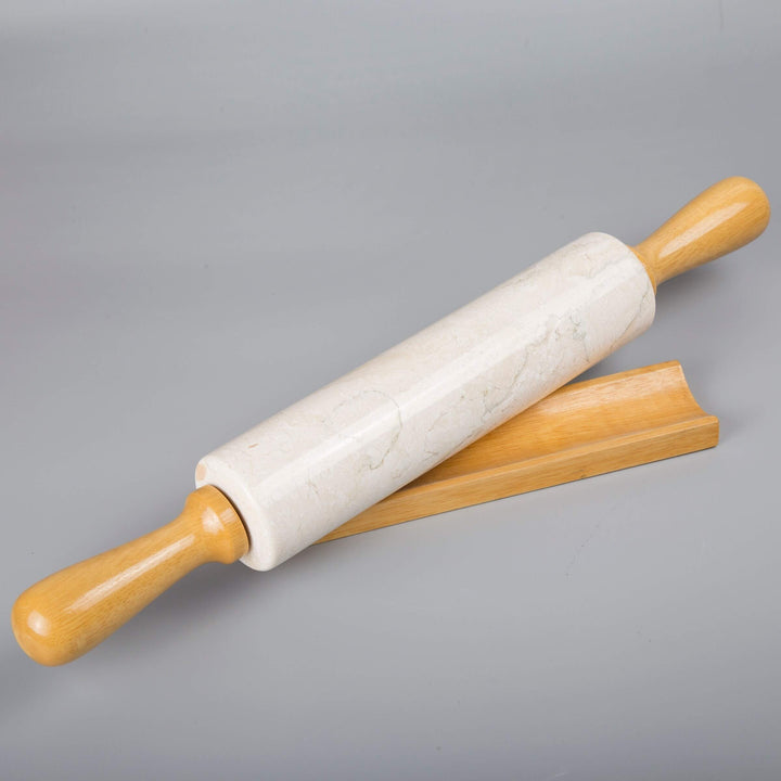 Deluxe Natural Champagne Marble Rolling Pin With Wooden Cradle 18ââ‚¬l Beige - Diamond Home USA