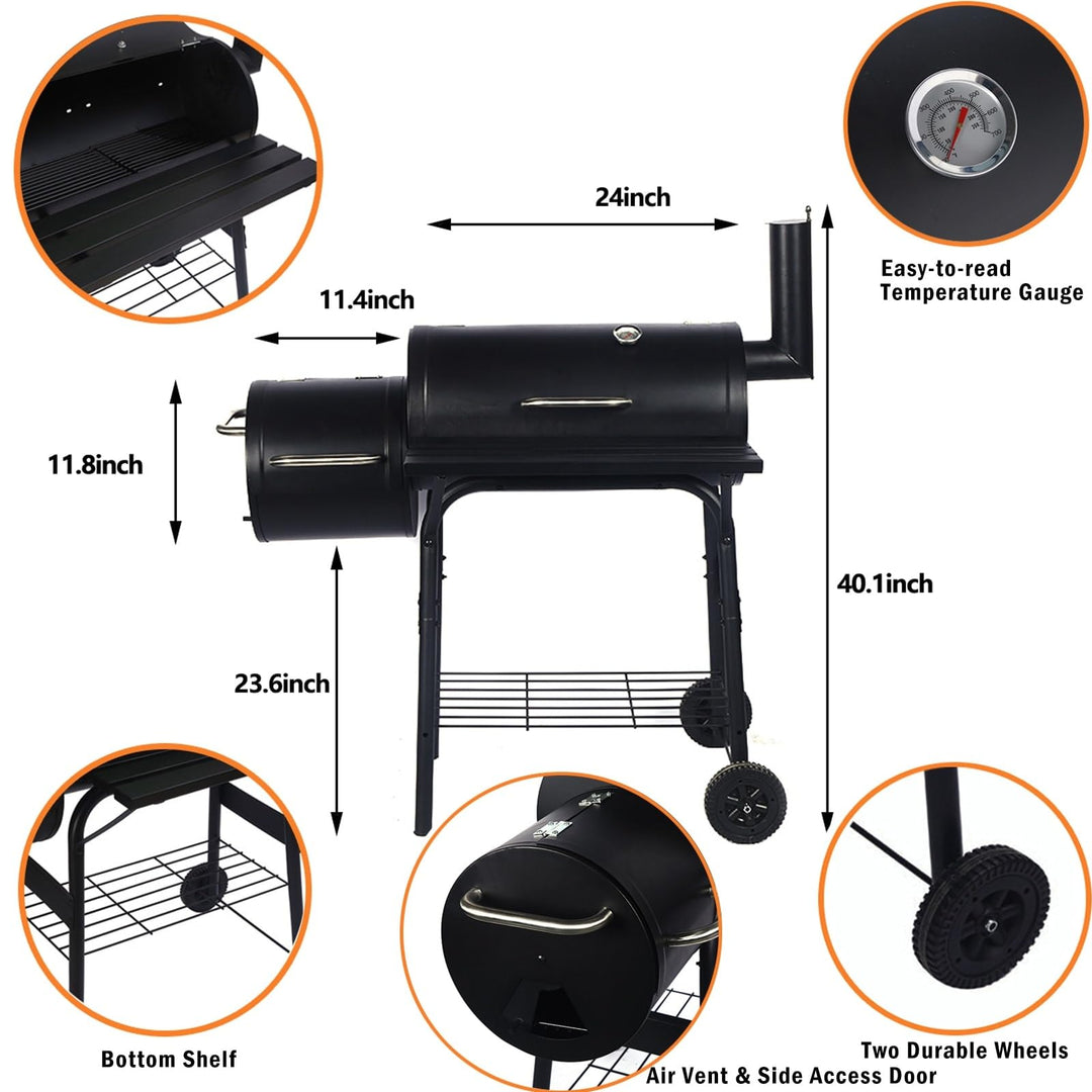 Heavy-Duty Charcoal BBQ Grill and Offset Smoker in Black Metal - Diamond Home USA
