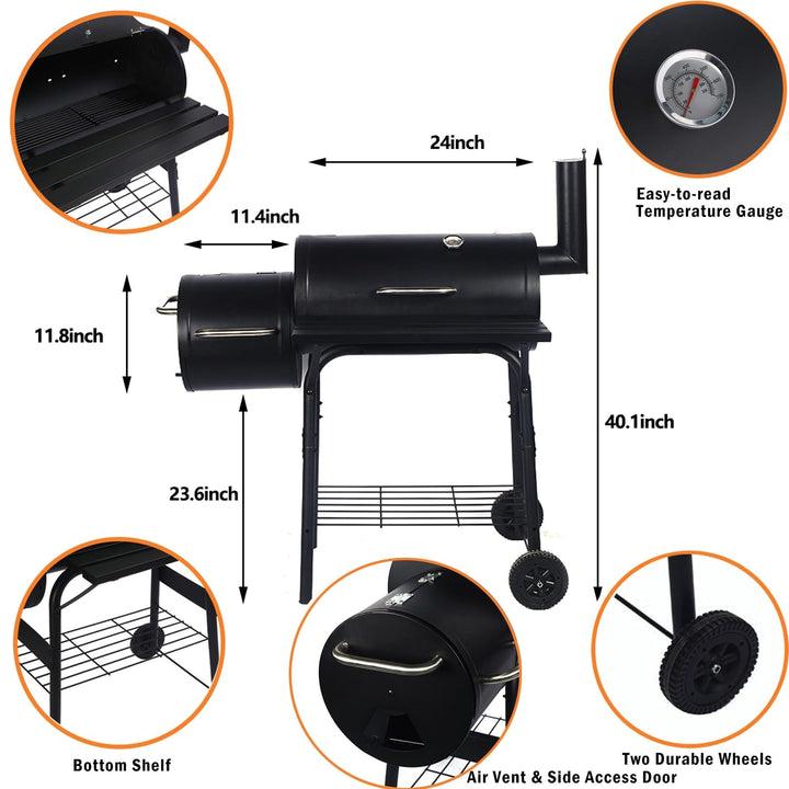 Heavy-Duty Charcoal BBQ Grill and Offset Smoker in Black Metal - Diamond Home USA