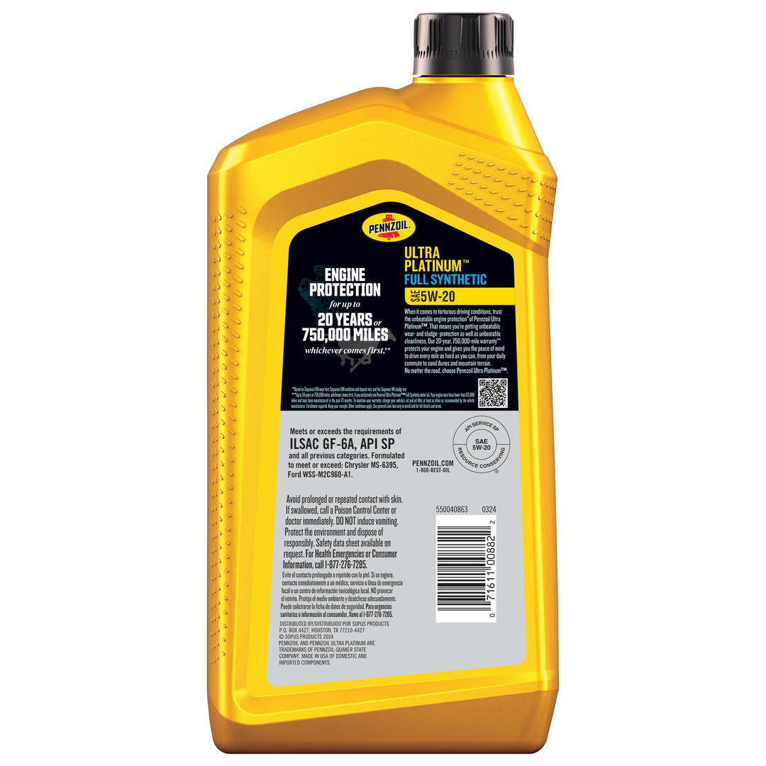 Pennzoil Ultra Platinum Full Synthetic 5W-20 Gasoline Engine Oil 1 Quart - Diamond Home USA