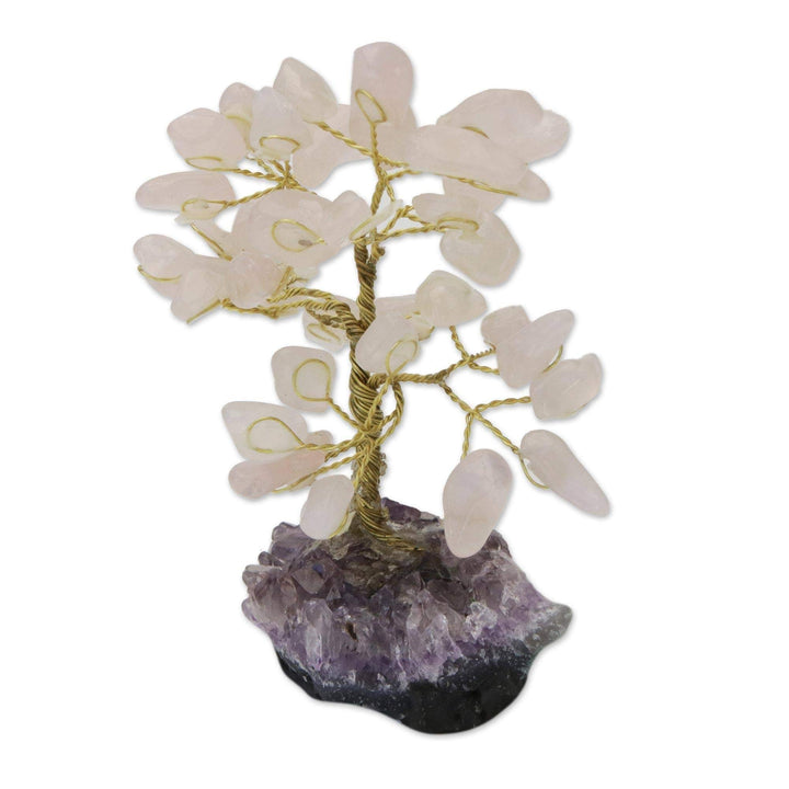 Handmade Sweet Leaves Rose Quartz Gemstone Tree (Brazil) 3.9" H X 2.4" W 2" D - Diamond Home USA