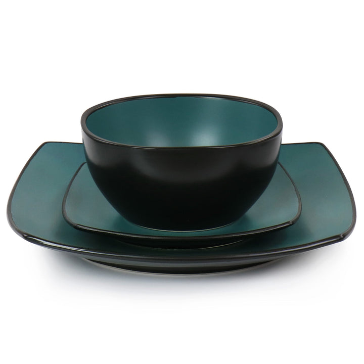 16pc Square Stoneware Dinnerware Set In Teal Green Solid Casual 16 Piece - Diamond Home USA